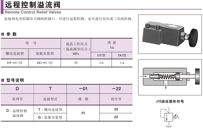 油研DG-01-22遠(yuǎn)程控制溢流閥參數(shù)及型號說明